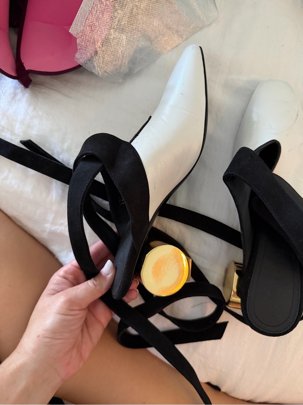 Jw anderson White Pointed Toe Slingback Heels with Black Straps
